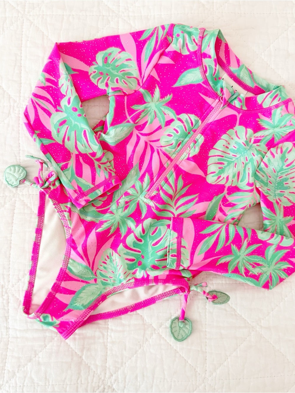 Nicole Miller New York Kids Girls Tropical Zip-Front Rash Guard Swimsuit Pink